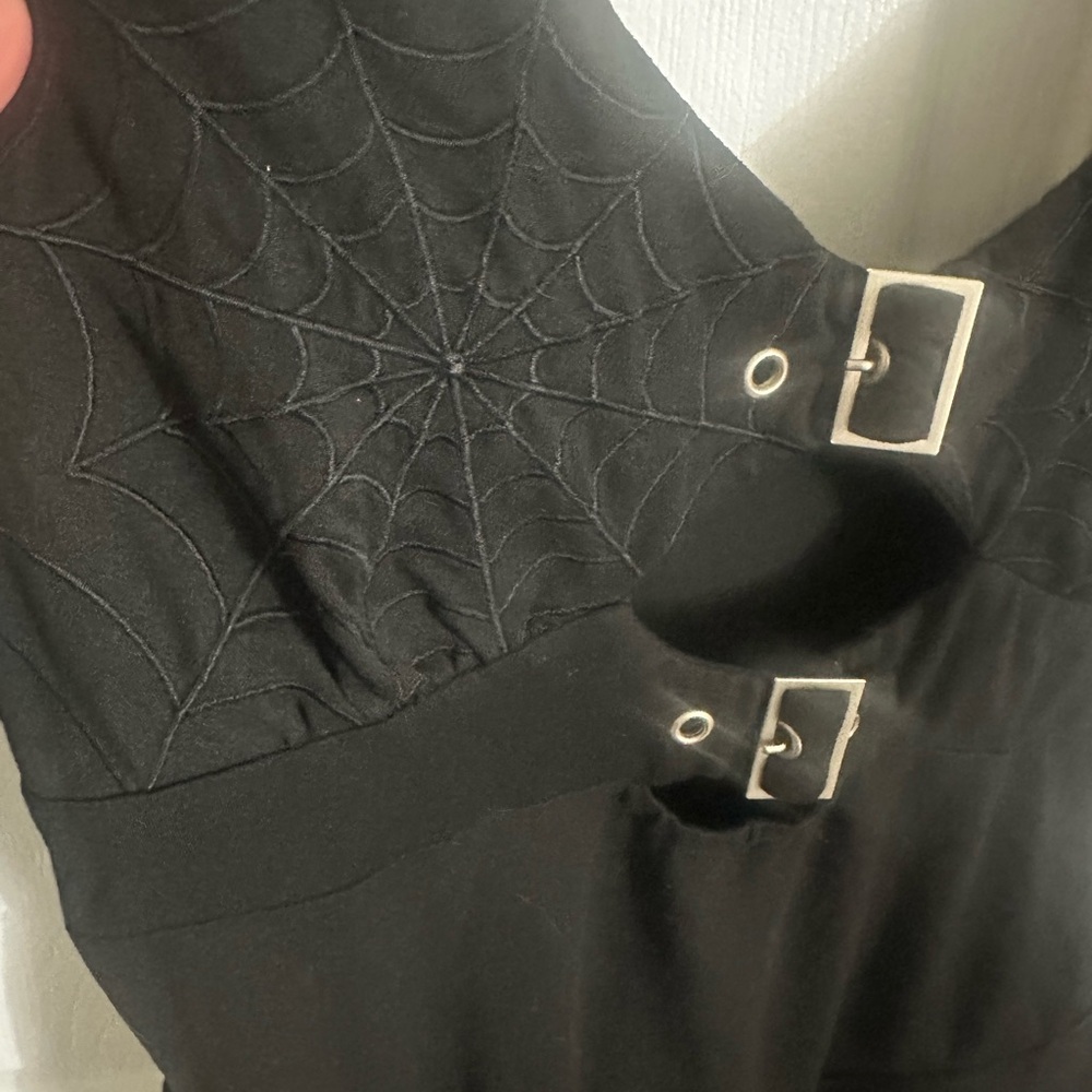 FOREST INK Black Dress with Spiderweb Design and Buckles
